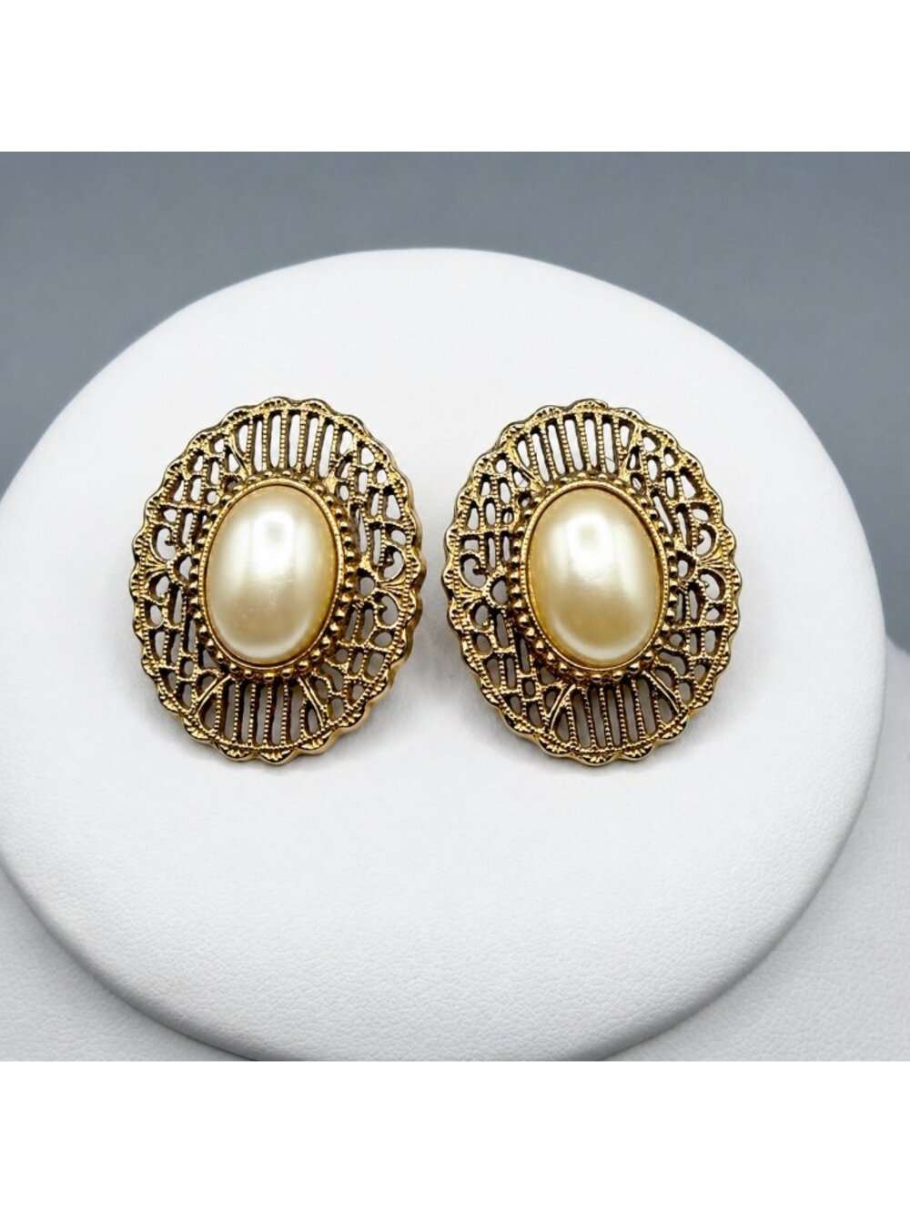 Vintage Faux Pearl Earrings Cabochon Filigree Romantic Victorian Style